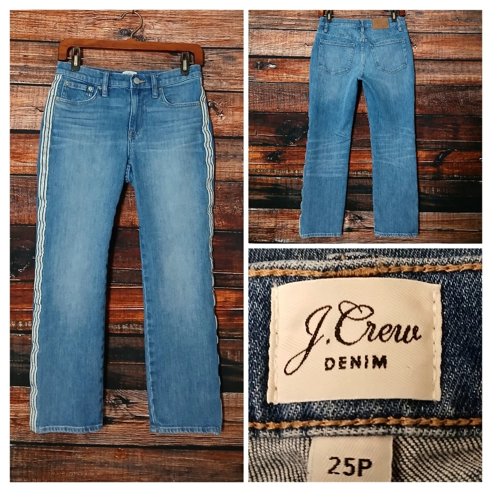 J Crew Jeans 25 Petite Slim Boyfriend Ankle Tuxedo Side Stripes Blue Denim